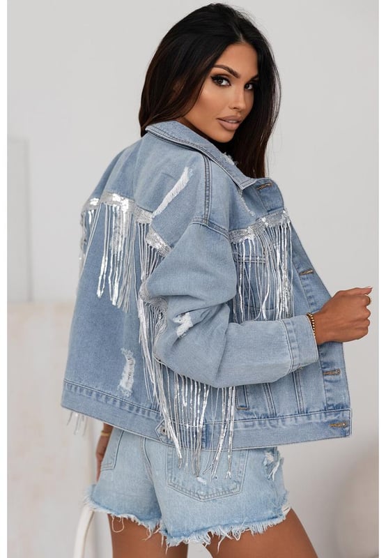Distressed denim material for a trendy and edgy vibe
  Sequin embellishments for a touch of glamour and sparkle
  Fringe detailing for a boho-chic look
  Unique combination of distressed denim sequin embellishments and fringe detailing
  Perfect addition to any fashion-forward womans wardrobe