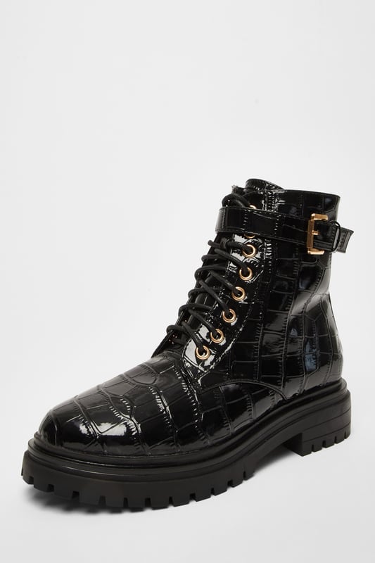 - Faux leather - Croc embossed - Lace up - Buckle detail - Round toe - Heel height: 4.5cm/1.8inches approx