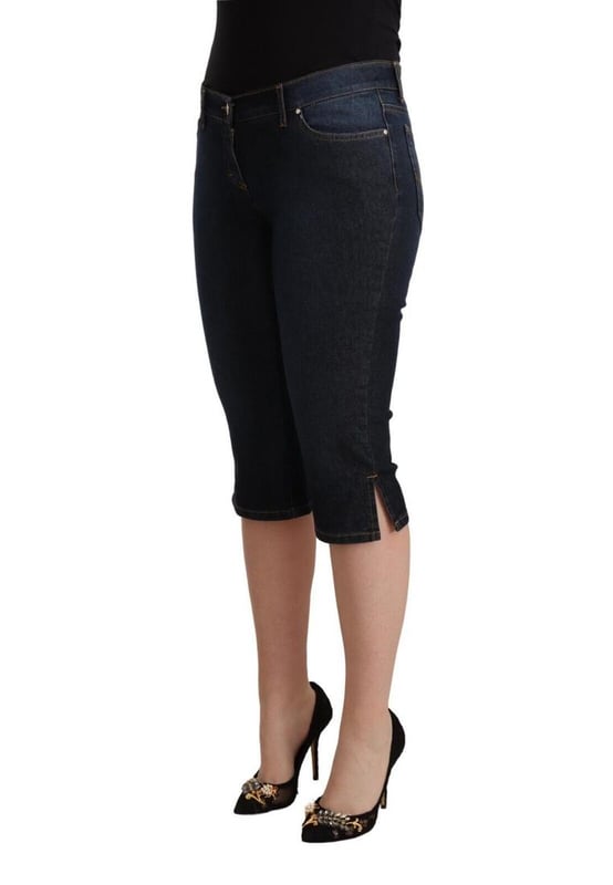 Brand: GF FERRE
  Material: Cotton
  Color: Blue
  Style: Low Waist Capri Denim
  Closure: Zipper
  Logo details