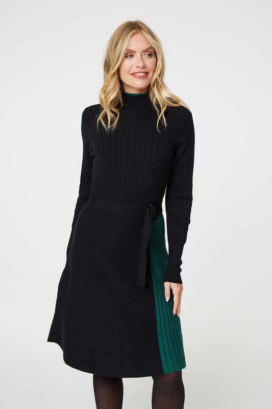 Add a figure flattering knit dress to your closet with this colour block knit dress. With a high round neck, long sleeves, a pleated mid skirt and a belt. Pair with tights and loafers for a chic daytime office outfit or elevate with heels for a smart dinner.