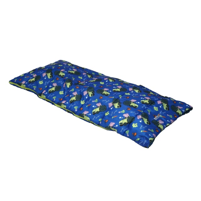 100% Polyester. Converts Into Blanket, Single Layer Construction. 100% Officially Licensed. Pockets: Internal Zip Pocket. Lining: Brushed, Soft. Design: Carrot, Text, Tractor. Fabric Technology: Durable. Characters: George Pig. Fabric: Soft Touch. Stuff Sack in Pocket. Fastening: Two Way Zip.