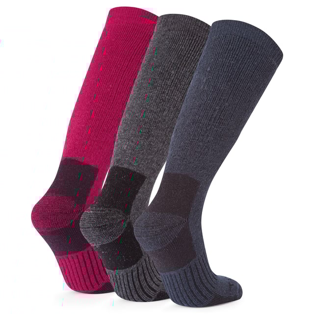 Villach hiking socks offer supreme comfort and protection for your foot. Made from a merino blend fabric and with cushioning across the whole sock offering all round protection, these socks will ensure that rubbing and blistering is kept to a minimum so you can focus on enjoying your walk. Additional comfort features include a non-slip grip cuff that will keep your socks firmly in place, a re-inforced toe and heel section on each sock, elastic arch support and a flat toe seam to keep them comfy against the front of your shoe or boot. These socks come in a handy 3 pack and a variety of colours, so you'll never be without a great pair of hiking socks!