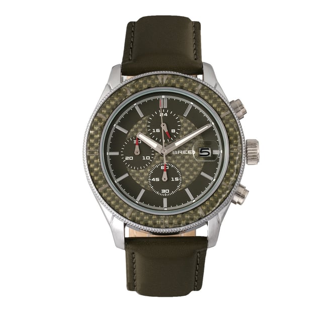 Hardened Alloy Case; Japanese Miyota JS15 Quartz Movement; Full-Function Chronograph with 30 Minute Timer; Non-Glare Scratch Resistant Mineral Crystal; Logo-Engraved Stainless Steel Caseback; Carbon Fiber Inlay Bezel; Genuine Leather Strap; Logo-Engraved Stainless Steel Clasp; Luminous Hands; Magnified Date Display; 24-Hour Sub-Dial; 43mm Case Diameter; 5ATM Water Resistance; ;