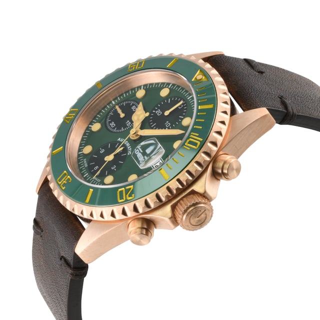 A distinctive, Swiss-made timepiece is always a sound investment. Artfully reminiscent of the famed New York City skyline, each watch in the Gevril Wall Street Swiss Automatic Chronograph Watch Collection commands attention with a stainless steel, architectural design.

The unidirectional rotating bezel frames sapphire-doomed, impressively highlights the chronograph sub dials at 3:00, 6:00 and 9:00 o’clock
anti-glare crystal. Detailed to perfection, a magnified lens showcases luminous indices and hands on a contrasting dial. Embrace the natural oxidation process as a testament to the enduring quality of bronze, symbolizing its ability to withstand the test of time while acquiring a captivating allure.  Form never suffers to function: each watch is water resistant for up to 100 meters and features a stainless-steel bracelet with folding deployment closure or a Genuine Italian Handmade Leather Strap.
The Wall Street Collection makes a strong statement.


Gevril 4166 Men’s Wall Street Bronze Chronograph Swiss Automatic Watch

Gevril Mens Swiss Automatic Watch from the Wall Street Bronze Chronograph Collection
44mm Bronze Brushed Case, Green Ceramic Ring, Green Lacca dial, gold satin index
Embrace the natural oxidation process as a testament to the enduring quality of bronze, symbolizing its ability to withstand the test of time while acquiring a captivating allure.
Unidirectional rotating bezel, Bronze Crown with logo, Exhibition screw down case back
3 Chrono Sub dials, Date at 3 o'clock
Genuine Handmade Italian Brown Leather Strap with Bronze Brushed Buckle
Anti-reflective Sapphire Crystal
Water Resistant to 100 Meters/10ATM
Swiss Made Automatic Chronograph Movement ETA 7750