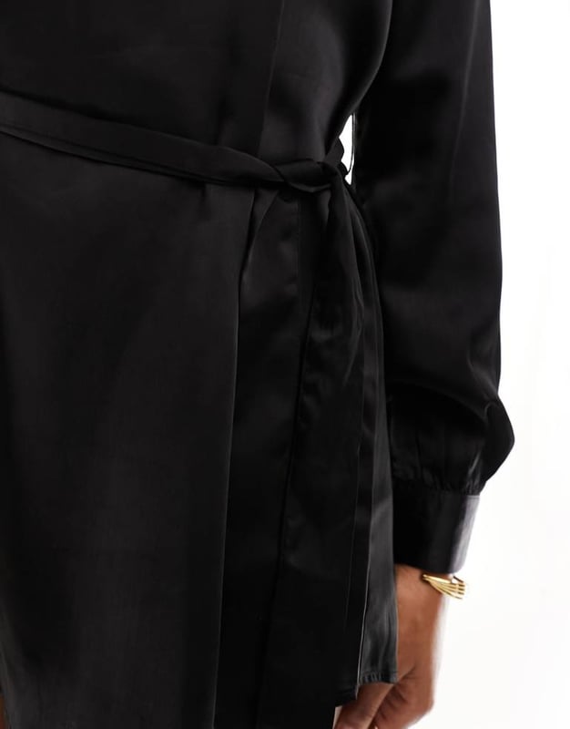 Only long sleeve satin wrap mini dress in black Dresses by Only Do get caught wearing it twice V-neck Blouson sleeves Tie waist Regular fitSold By: Asos