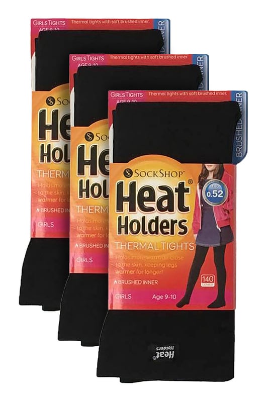 Introducing the Girls Heat Holders Thermal Tights 3 pack! This value pack contains 3 pairs of super soft and warm tights that are great for keeping them warm during the colder months. They have everything covered when it comes to keeping them nice and warm in the coldest of times. Heat Holders: the only choice for Ultimate Thermal Performance! These super warm cosy Heat Holders Thermal Tights keep your little one’s protected with their Advanced Insulating Yarn - this superior yarn gives these tights high performance insulation against the cold. These tights also have a 0.52 tog rating. They're available in Black, so they'll go with any outfit she wears, from school uniforms to play dresses and everything in between. And the best part? The Comfort Gusset allows her to move freely while still keeping her warm and cosy. Another great feature of these tights that ensures ultimate comfort is their Soft Brushed Inner. This maximises the amount of warm air held close to the skin keeping your legs and toes warmer for longer! These tights are available in Black, they’re made from 93% Polyester 3% Elastane and come in 4 Kids Sizes: 5-6 Yrs, 7-8 Yrs, 9-10 Yrs & 11-13 Yrs. They are Machine Washable.