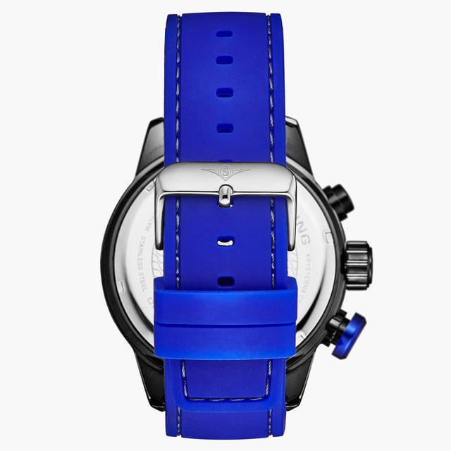 Men's Chronograph Royal Blue Silicone Rubber Strap Watch, Black PVD Case on Royal Blue Silicone Strap with Gray Contrast Stitching, Blue Chronograph Dial with Silver, Gray, and White Luminous Accents