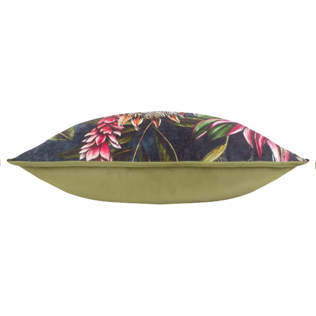 The Leilani Twilight cushion features two elegant birds nestled among striking tropical flowers. Hand-painted and printed with fine detail, its vibrant palette contrasts vivid hues against deep midnight tones. This bold yet charming piece adds a touch of exotic elegance and sophistication to any space.