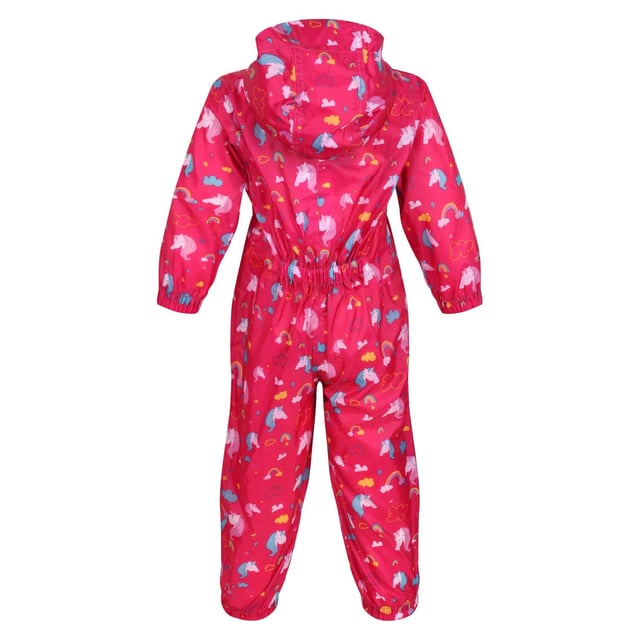 Regatta Infants Waterproof Puddle Suit in Pink The kids Puddle ll all-in-one from Regatta. This waterproof and breathable puddle suit will keep the littlest of adventurers dry and comfortable. Lightweight fabric with elasticated waist and cuffs and a grown on hood will keep them dry in all weather. Material: 100% Polyester. Ref: RKW263WN1.