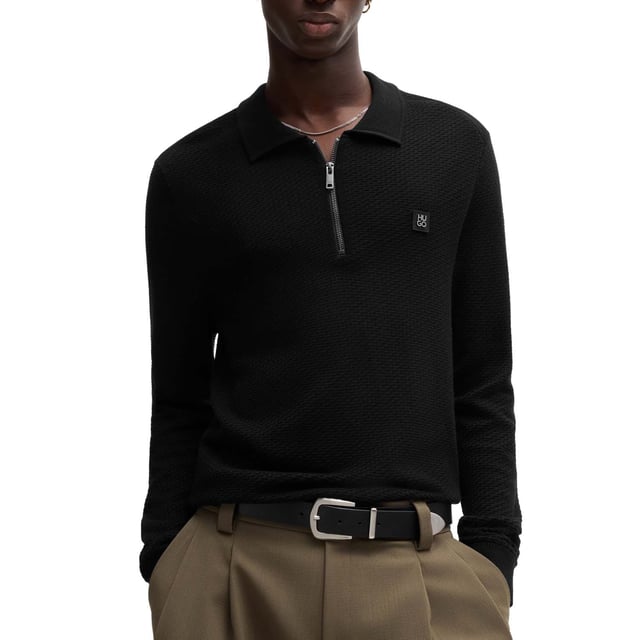 Heren Hugo Sastoon Stacked Logo Zip-Neck Knit Polo Shirt in Zwart Een onconventionele polo-achtige trui van HUGO Menswear. Deze top is gemaakt van wol en afgewerkt met een gestapeld logo. Normale pasvorm.