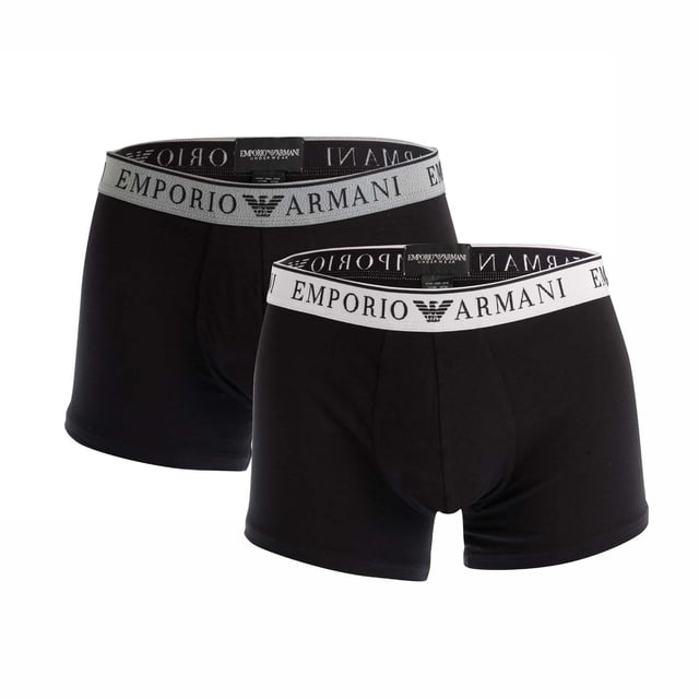 Mens Emporio Armani 2 Pack of Trunks in black.- Branded elasticated waistband.- Stretch fabric.- 95% Cotton  5% Elastane.XS = 27-29inS = 30-32inM = 32-34inL = 34-36inXL = 37-39inXXL = 39-41in- Ref: 11176942017020We regret that underwear is non-returnable due to hygiene reasons.