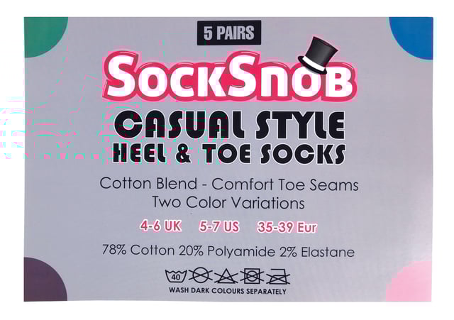 Sock Snob comfortabele sokken van een katoenmix, perfect voor elke gelegenheid en dagelijks gebruik. De sokken hebben een gekleurde hiel en teen De sokken hebben een softgrip bovenkant en een gekleurde punt.