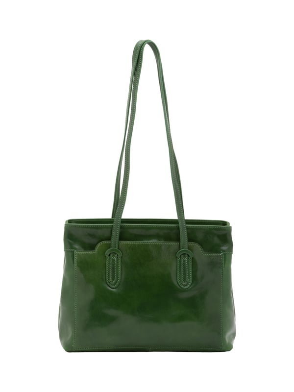 Bolso bandolera para mujer. El cierre es con cremallera. Los bolsillos internos son uno con cremallera. Los bolsillos externos son un frente abierto. Falta la correa para el hombro. El mango es de piel. Hay dos compartimentos internos. El material exterior es auténtica piel de vacuno. Internamente está forrado en algodón. Medidas: 35x26x12 cm. Hecho en Italia
