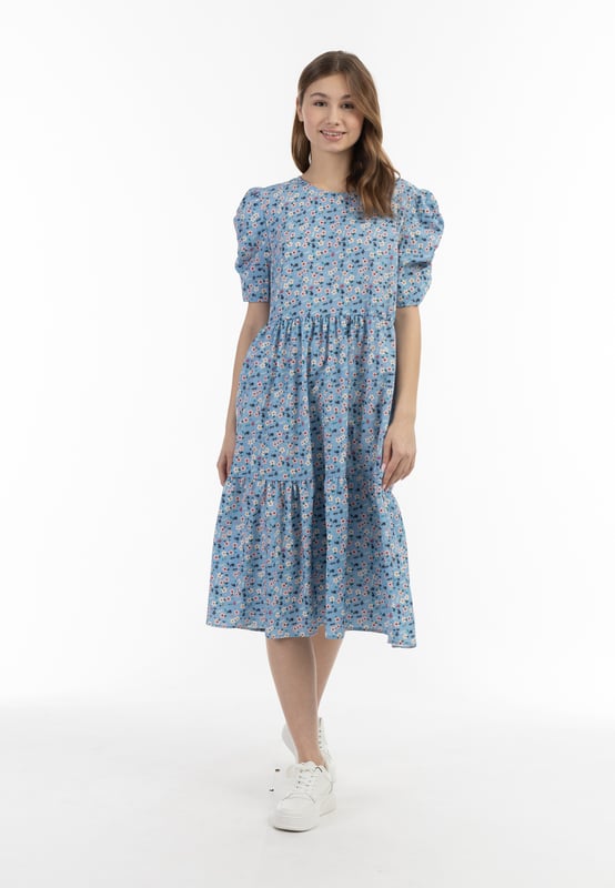 Verspreide bloemen voegen modieuze cool toe aan de jurk van myMo, in contrast met de gelaagde stroming en de pofmouwen met ruches. Gemaakt in Italië, komt dit ontwerp in een los silhouet en een comfortabele stretchstof.