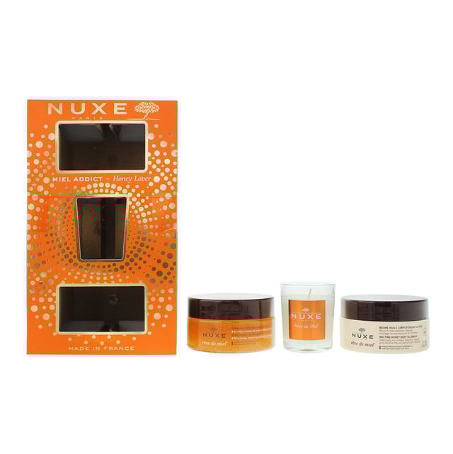 Nuxe Honey Lover 3 Piece Gift Set will give you the comforting and delectable power of the Rêve de Miel skincare products. This set contains - Body Scrub, Rêve de Miel 175 ml, Body Oil Balm, Rêve de Miel 200 ml, Rêve de Miel Indoor Candle 70 g