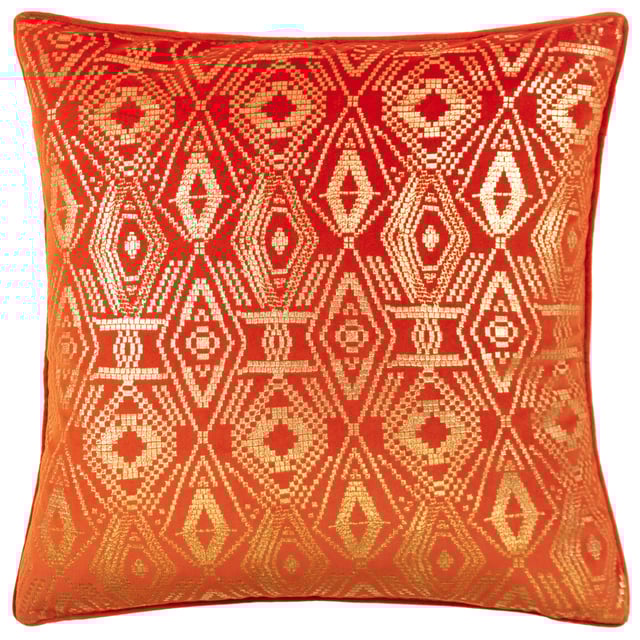A myriad of golden diamonds adorns this mesmeric velvet cushion. The glistening metallic foil printed pattern shines in the light and stands out against the bold jewel-toned backgrounds. The cushion is surrounded by a matching piped trim, hidden zip closure, and a plain, soft velvet reverse. A fantastic addition to a home which loves to show off and stand out.