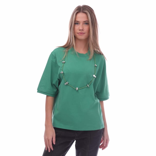 Womens Ambush Stoppers T-Shirt in green.- Ribbed crew neck.- Short sleeves.- Detachable cord necklace with stopper detailing.- Embroidered logo at left chest.- Fabric: 100% Cotton.  Rib: 100% Cotton.  Details: 100% Polyester.  Machine washable.- Ref: BWAA0310015555