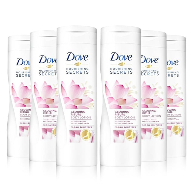 Dove Nourishing Secrets Glowing Body Lotion is delicately blended with rice milk and lotus flower extract. Japanese women have used these natural ingredients for skin radiance for centuries and we felt this beauty secret was too good not to share. That’s why Dove created this body lotion to deeply nourish your skin, to leave it looking glowing and feeling silky soft.

NOURISHING SECRETS: Dove body lotion has the highest number of Nutrients and Moisturizers so that your skin will feel beautiful and loved. Dove combines 50 years of expertise in nourishment and care, with exquisite and unique ingredients, giving you extra-soft, radiant skin.
RICE MILK & LOTUS FLOWER: With a delicate formula blended with rice milk and lotus flower extract, this Dove body lotion deeply nourishes your skin to leave you with radiant-looking skin that feels silky soft and moisturized.
NATURAL SKIN MOISTURE: Rich in vitamins, proteins, and fats, they’re a natural skin moisturizer. Inspired by this ancient Japanese beauty ritual, created Nourishing Secrets Glowing Body Lotion. 
DERMATOLOGICAL TESTED: Dermatologically tested, this gentle Dove moisturizing lotion has a delicately mild formula that’s suitable for use on all skin types.  It turns your daily routine into a nourishing Dove skincare ritual.
DEEP NOURISHMENT: The formula works at the deepest layers of the skin not only moisturizing the surface but delivering deep nourishment, for beautifully soft and radiant skin.

How To Use: Apply Dove lotion morning and/or night or whenever skin feels dry. Massage gently into the skin. For best results use immediately after showering.

Safety Warning: Avoid contact with eyes. Use only as directed.

Package Includes: Dove Nourishing Secrets Body Lotion, 6x400ml
