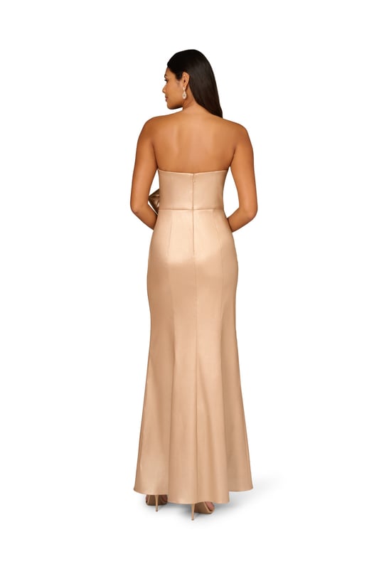 Foiled stretch Mikado, strapless notch neckline featuring a bodice bow detail, mermaid skirt and back zipper