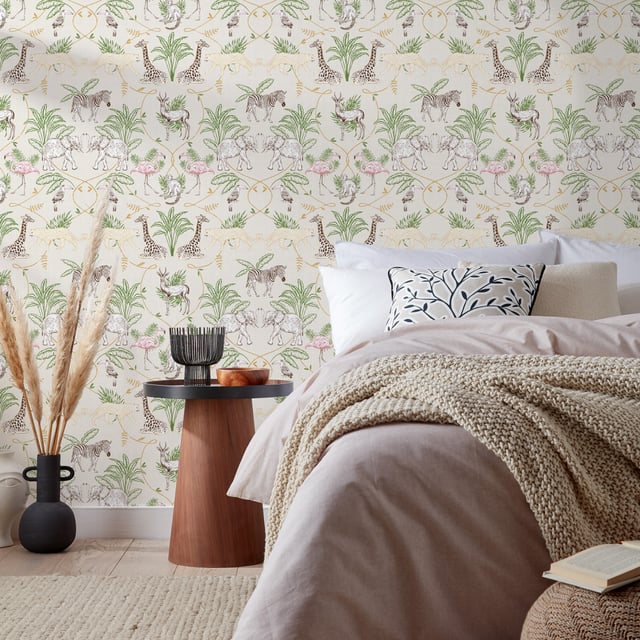 The magnificent Serengeti landscape is captured in the tranquil wallpaper featuring all the best loved safari animals in a decorative swirling kaleidoscopic scenery. A neutral palette sits behind the design as it enhances its intricate detail. A compilation of giraffes, zebras, elephants, cheetah, monkeys, flamingos, and Toucans will add a touch of safari beauty wherever it is used. This wallpaper is a paste the wall application; simply paste the wall, hang your paper, and leave to dry. Each roll is 10m long and 52cm wide. Pattern repeat: 53cm Straight Match. Our Serengeti wallpaper can be used to paper the whole room or to create an eye-catching feature wall. This wallpaper is also wipeable so that any light marks can be dabbed away.