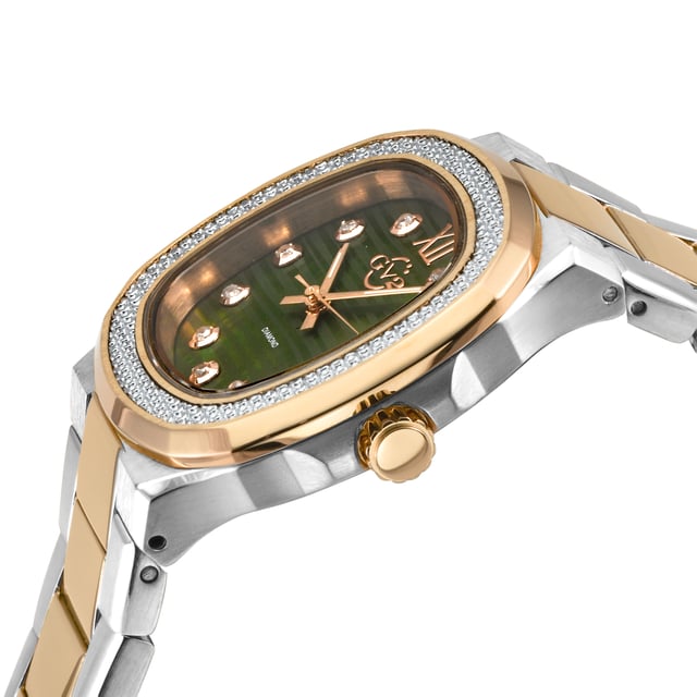 – meaning strong, powerful, solid – is a collection not for the faint of heart. With an allure that radiates the kind of power only a true lady can handle, Potente exudes undeniable strength and a divinely feminine touch.
Designed to capture the eye and command any room, the Potente Collection features an elegant mother of pearl pin cushioned textured dial surrounded by 18 brilliant diamonds, because out of great pressure
comes unmistakable beauty. The pin cushioned case and diamond cut bezel, each crafted with exemplary care, perfectly offset the classic bracelet with deployment buckle marrying ladylike and steel. With the
dynamism and stability of Swiss quartz movement, this watch is a tour de force.
The Potente Lady Collection is an unwavering masterpiece to behold. Don’t settle for anything less. Get noticed, be bold – Potente.
GV2 18207B Women's Potente Lady Swiss Diamond Watch
GV2 Women's Swiss Watch from the Potente Lady Collection
33mm 316L Stainless Steel/IPRG Pin Cushioned Case, Diamond cut Bezel
Green MOP Pin Cushioned textured dial with 18 Diamonds
Push/Pull Crown
Two-Toned SS/IP Rose Gold Bracelet with Deployment Buckle
Anti-reflective Sapphire Crystal
Water Resistant to 50 Meters/5ATM
Swiss Quartz Movement Ronda 763