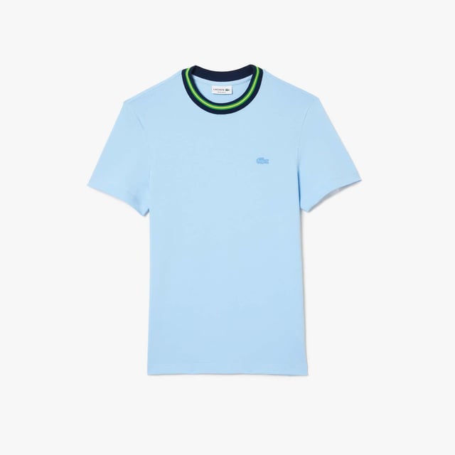 Men's Lacoste Stripe Collar Stretch Piqué T-Shirt.- Regular fit, natural ease on body.- Stretch mini pique, made of organic cotton and elastane.- Striped ribbed collar with contrasted tipping detail.- Tone on tone crocodile at chest. Material: 94% Cotton, 6% Elastane. Ref: TH1131HBP.