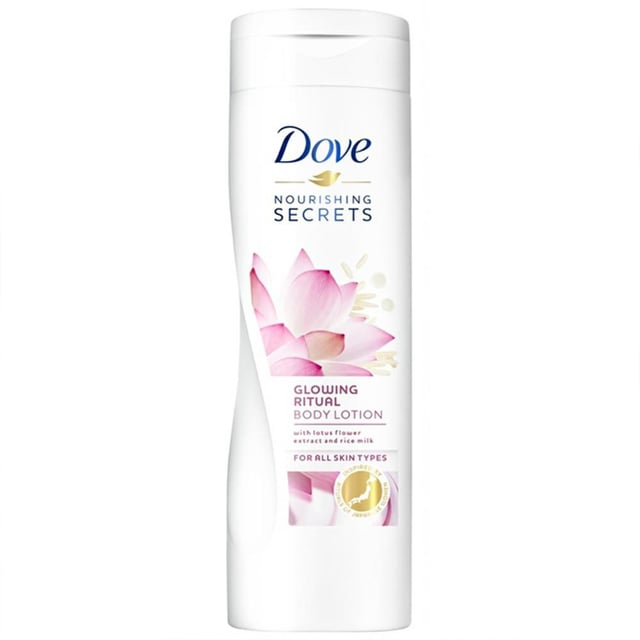 Dove Nourishing Secrets Glowing Body Lotion is delicately blended with rice milk and lotus flower extract. Japanese women have used these natural ingredients for skin radiance for centuries and we felt this beauty secret was too good not to share. That’s why Dove created this body lotion to deeply nourish your skin, to leave it looking glowing and feeling silky soft.

NOURISHING SECRETS: Dove body lotion has the highest number of Nutrients and Moisturizers so that your skin will feel beautiful and loved. Dove combines 50 years of expertise in nourishment and care, with exquisite and unique ingredients, giving you extra-soft, radiant skin.
RICE MILK & LOTUS FLOWER: With a delicate formula blended with rice milk and lotus flower extract, this Dove body lotion deeply nourishes your skin to leave you with radiant-looking skin that feels silky soft and moisturized.
NATURAL SKIN MOISTURE: Rich in vitamins, proteins, and fats, they’re a natural skin moisturizer. Inspired by this ancient Japanese beauty ritual, created Nourishing Secrets Glowing Body Lotion. 
DERMATOLOGICAL TESTED: Dermatologically tested, this gentle Dove moisturizing lotion has a delicately mild formula that’s suitable for use on all skin types.  It turns your daily routine into a nourishing Dove skincare ritual.
DEEP NOURISHMENT: The formula works at the deepest layers of the skin not only moisturizing the surface but delivering deep nourishment, for beautifully soft and radiant skin.

How To Use: Apply Dove lotion morning and/or night or whenever skin feels dry. Massage gently into the skin. For best results use immediately after showering.

Safety Warning: Avoid contact with eyes. Use only as directed.

Package Includes: Dove Nourishing Secrets Body Lotion, 6x400ml
