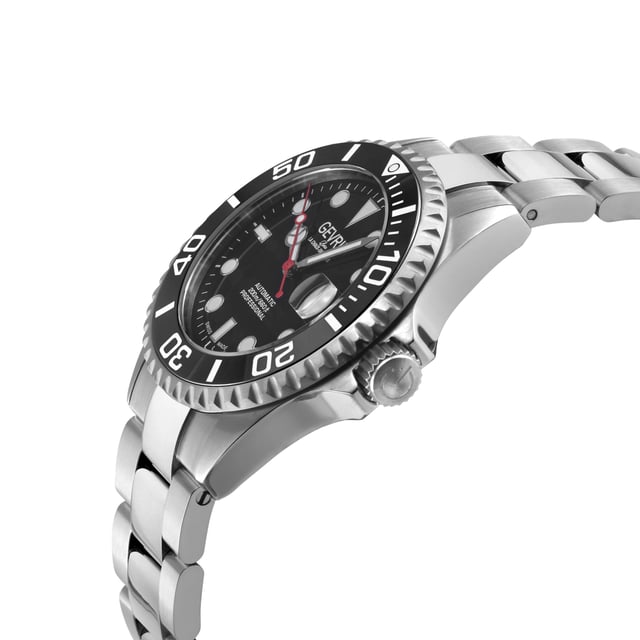 An accessory to success. A distinctive, Swiss-made timepiece is always a sound investment. Artfully reminiscent of the famed New York City skyline, each watch in the Gevril Wall Street Collection commands attention with a stainless steel, architectural design. The new 39mm unidirectional rotating bezel frames sapphire-doomed, anti-glare crystal. Detailed to perfection, a magnified lens showcases luminous indices and hands on a contrasting dial. Form never suffers to function: each watch is water resistant for up to 200 meters and features a stainless steel bracelet with folding deployment closure. Available in a series of sleek dial colorways, the Wall Street Collection makes a strong statement.

Gevril 4760B Men's Wall Street Swiss Automatic Watch

Gevril Men's Swiss Automatic Watch from the Wall Street Collection
39mm Round Stainless Steel Satin and Polished Case, Unidirectional rotating Black bezel
Black Enamel dial, date at 3 o'clock Magnified Lens, Luminous indices on the dial, Luminous hands
Exhibition Screw down Case back, Screw down Crown with Gevril Logo
316L Stainless Steel Satin and Polished Bracelet With Deployment Buckle
Anti-reflective Sapphire Crystal
Water Resistant to 200 Meters/20 ATM
Swiss Automatic Movement, Sellita SW200-1
