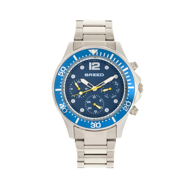 Brushed Alloy Case; Precision Japanese Quartz Movement; Non-Glare Scratch-Resistant Mineral Crystal; Logo-Engraved Stainless Steel Caseback; Polished Alloy Bracelet; Logo-Engraved Stainless Steel Fold-Over Push-Button Deployment Clasp; Luminous Hands; Luminous Markers; Day Sub-Dial; Date Sub-Dial; 24-Hour Sub-Dial; 46mm Case Diameter; 5ATM Water Resistance;