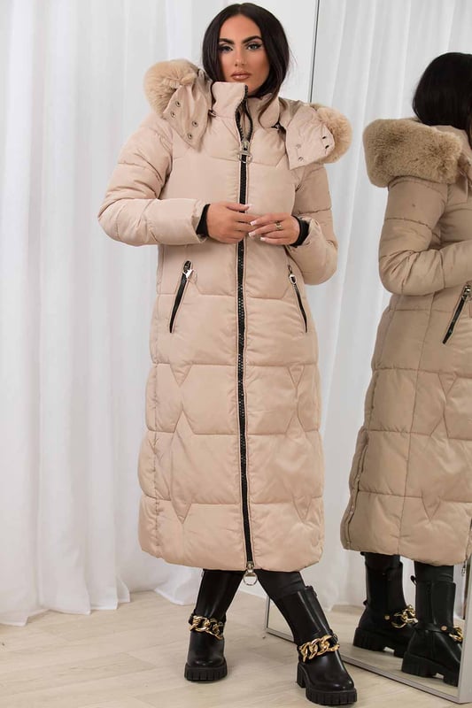 Long puffer jacket with fur hood womens top