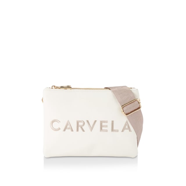 This Carvela Frame Double Pouch bag features two bone and blush pouches with embossed branding on the front. The two compartments are closed with gold tone zips. 16cm (H), 22cm (L), 4cm (D). Strap length: 121cm.