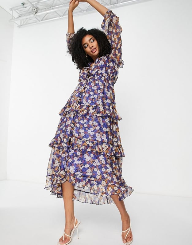 asos design tulle bow tie tiered maxi dress in champagne