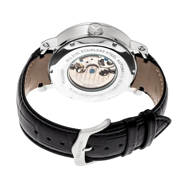 316L Surgical-Quality Stainless Steel Case; Jeweled Automatic Movement; Jewel Bearings: 22 Jewels; 42-Hour Power Reserve; Beats per Hour (BPH): 21600/Hour; Sapphire-Coated Mineral Crystal; Skeleton Dial; Observation Caseback to view Movement; Genuine Leather Crocodile-Embossed Strap; Logo-Engraved Stainless Steel Clasp; Luminous Hands; Moon Phase; Dual Time Zone; 47mm Diameter; 5 ATM Water Resistance;