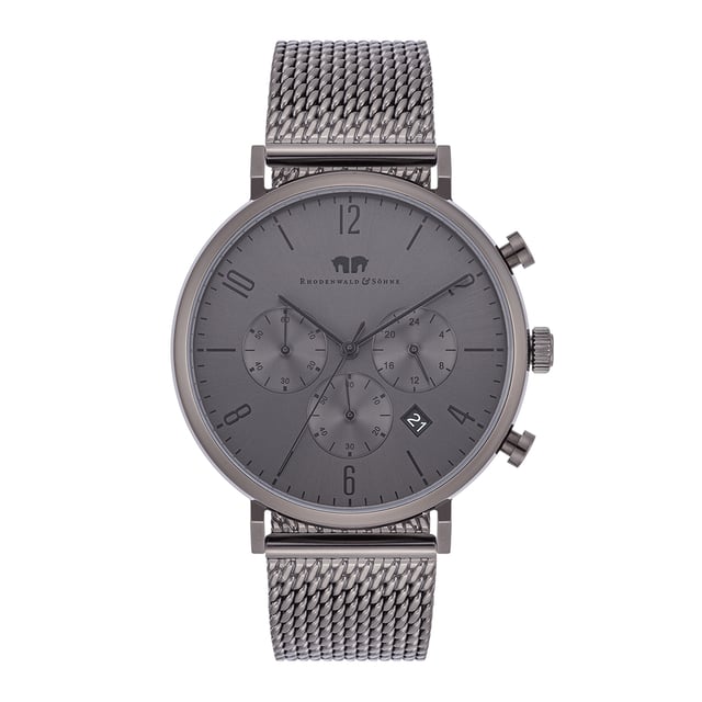 The timepiece from the Rhodenwald & Sons manufacture combines the functionality of classic chronographs with the reserved elegance of a dresswatch. The functions 24-hour display, stopwatch and date are integrated into a harmoniously tone-in-tone dial-a special companion not only in the office, but also in your free time. The watch model convinces with a robust, IP-coated stainless steel housing, slim stickers, totalists in the traditional tricompax arrangement and a reliable quartz train. Special eye-catcher is the filigree mesh look of the Milanaise bracelet made of ion splatted stainless steel.