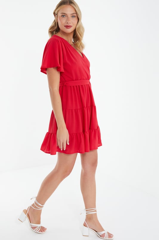 Red wrap skater dress hotsell