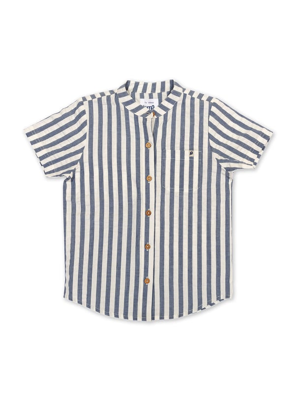 100% organic cotton | Proud to be certified to the Global Organic Textile Standard (GOTS) | Navy blue and cream stripe | Woven stripe fabric | Functional coconut button opening | Single front chest pocket | Short sleeved | Low cut standing collar | Made in India | Machine washable at 40 degrees, or at 30 degrees to be kinder to the planet