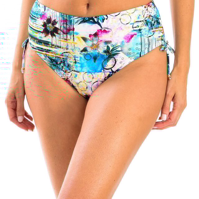 Women's high bikini briefs.
 High-waisted bikini panty with ties on the sides that will allow you to adjust the height and can be trimmed. Fully lined and with a flattering oriental flower print in blue tones.
 Color Blue-floral print
 Avant-garde fabric with high molding power, high resistance to chlorine, tanning creams and oils, and excellent moisture absorption properties.

 Composition: Exterior: 80% Polyamide, 20% Elastane; Inner: 84% Polyester, 16% Elastane.

 Handwash.
 Do not iron or use bleach.
 Do not tumble dry.
 Do not twist to drain.
 Composition: Exterior: 80% Polyamide, 20% Elastane; Inner: 84% Polyester, 16% Elastane.
 Care:
Handwash.
 Do not iron or use bleach.
 Do not tumble dry.
 Do not twist to drain.