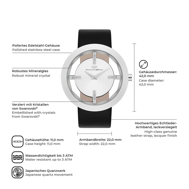 This extraordinary women's watch by Rhodenwald & Söhne is a tribute to the traditional skeleton watch, which is reinterpreted here: the faceted glass reveals a look at the wrist's wrist between the bezel and dial. Another sophisticated design element are the four distinctive line indices, decorated with crystals from Swarovski®, which also serve as a connection between the stainless steel bezel and the Sunray dial of the same color. The game with the light continues consistently on the lacquer -sealed leather bracelet. A stainless steel case and mineral glass make the watch a hard -wearing companion.