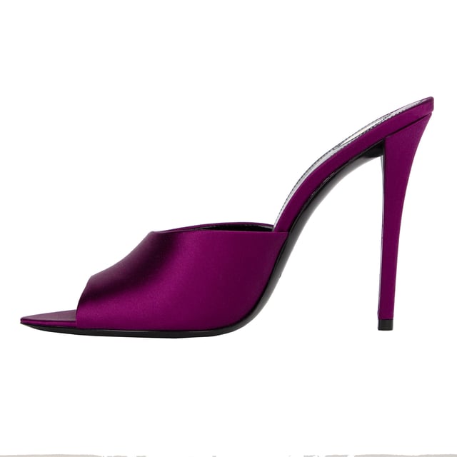 peep-toe mules with an almond toe and stiletto heel, featuring a round saint laurent-engraved metal plaque on the insole.

leather sole
TOTAL HEEL HEIGHT: 11 CM / 4.3 INCHES

SILK

Made in Italy