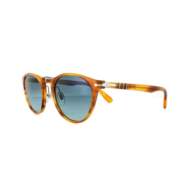 Persol Sunglasses 3108 960/S3 Striped Brown Blue Polarized 49mm takes its inspiration from that ultimate retro throwback, the typewriter. Rivets represent keys, Typewriter edition is stamped in the interior with classic American Typewriter font, and an impression of the lines of the type bars are subtly carved on the temple tips interiors. The style is completely retro with the round shape and classic metal bridge for a truly unique look.