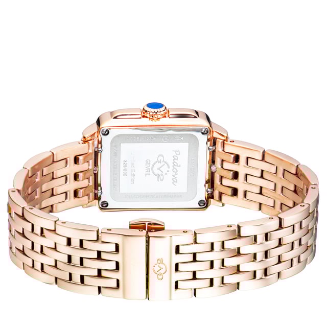 Decadence is in the details.      The Padova Collection by Gevril shares its name with the Italian city that has inspired artists for centuries. From Shakespeare to Giotto, Padova has set the stage for numerous timeless works of art, so it’s only fitting this series of watches features delicate detailing and expert craftsmanship. From the stunning, diamond cut ring dial to the anti-reflective sapphire crystal face, each enthralling element of this timepiece is made to precision. Contrasting roman numeral markers surrounding the face contrast with the dial, and 3 diamonds lay nestled at the VI mark. The square bezel is available in a myriad of metals and features a push-pull crown. This Swiss-Movement watch is water resistant for 30 meters. Dazzle in diamonds and enduring elegance with a timepiece from the Padova Collection.

GV2 12306B Women's Padova Swiss Diamond Watch

GV2 Women's Swiss Watch from the Padova Collection
28.5 mm Rectangle Rose Gold Case, Push Pull crown
Stunning Black MOP dial with Diamond Cut ring on Multicolored MOP inner dial, 3 Diamonds at 6.00

IPRG Stainless Steel Bracelet with Deployment Buckle
Anti-reflective Sapphire Crystal
Water Resistant to 30 Meters/3ATM
Swiss Movement Ronda 762