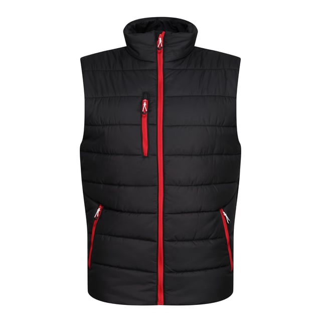 Material: 100% Polyester. Fabric: Ripstop. Design: Quilted. Fabric Technology: Thermal, Warmloft, WR Cire Finish. Neckline: High-Neck. Sleeve-Type: Sleeveless. Pockets: 1 Chest Pocket, 2 Side Pockets, Zip. Fastening: Full Zip. Made from Recycled Materials.