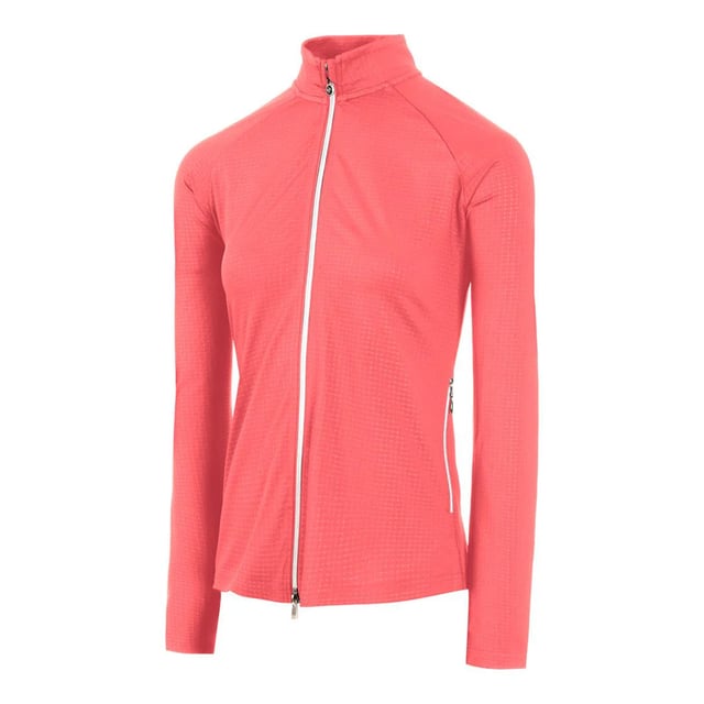 87% Polyester, 13% Elastane. Fabric: 4 Way Stretch. Design: Checkered, Embossed, Heat Transfer, Logo, Patterned. Fabric Technology: Breathable, Moisture Wicking, Quick Dry. Branded Zip Pull, Chin Guard. Neckline: Funnel Neck. Sleeve-Type: Long-Sleeved. Pockets: 2 Side Pockets, Zip. Fastening: Full Zip. S: 44 in. M: 46 in. L: 48 in. XL: 50 in.