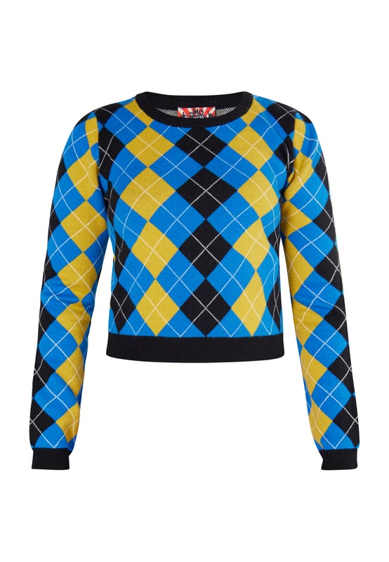 Rückkehr der Raute! Das schottische Argyle-Muster ist ein echter Klassiker, gern gesehen beim Golfsport, bei Schuluniformen oder Socken. Bei myMo ROCKS steht der Muster-Evergreen ebenfalls hoch im Kurs. Im kontrastierenden Farbmix ist der weiche Pullover aus einem Viskose-Mix gefertigt, klassisch geschnitten und mit unifarbenen Rippstrickbündchen abgeschlossen. Mit derben Biker-Boots kreierst Du einen lässigen Stilbruch.  Strickpullover