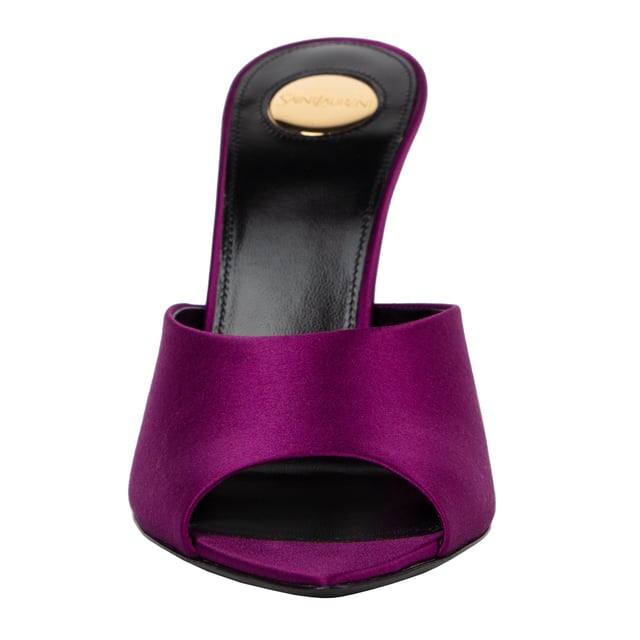peep-toe mules with an almond toe and stiletto heel, featuring a round saint laurent-engraved metal plaque on the insole.

leather sole
TOTAL HEEL HEIGHT: 11 CM / 4.3 INCHES

SILK

Made in Italy