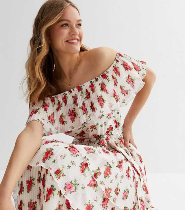 Rose Print Pleated Tiered Bardot Midaxi Dress