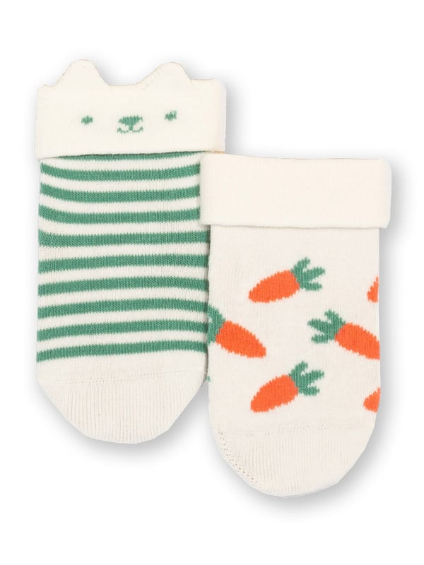 90% organic cotton 8% polyamide 2% elastane | Proud to be certified to the Global Organic Textile Standard (GOTS) | Sage green and cream stripe with bunny face, and carroty designs | Two pack | Turn down tops | Made in Turkey | Machine washable at 40 degrees, or at 30 degrees to be kinder to the planet