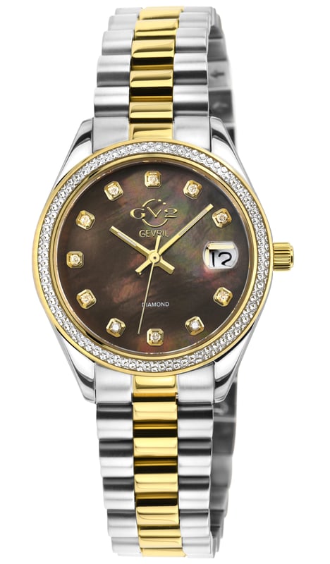 GV2 12421B Women's Turin Swiss Diamond Watch

GV2 Women's Swiss Watch from the Turin Collection
36mm Two toned Stainless Steel IPYG Diamond Cut Bezel Case
Chocolate Brown MOP Dial with 11 Diamonds
Magnified Date at 3 O'clock, Push/Pull Crown
Two-Toned SS IP Yellow Gold Bracelet with Deployment Buckle
Anti-reflective Sapphire Crystal
5 ATM (50 Meters 165 Feet)
Swiss Quartz Movement Ronda 705