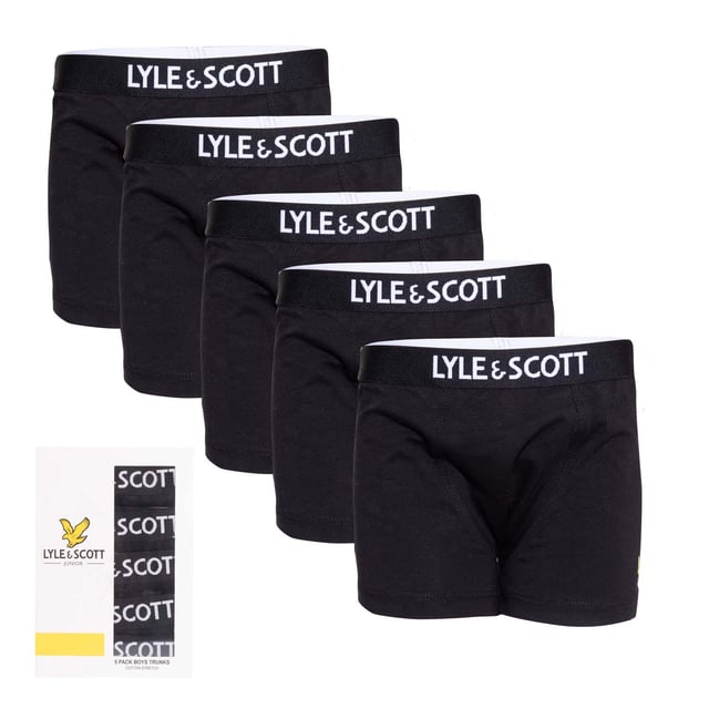Boys Lyle And Scott Gacy 5 Pack Trunks in Black.- Branded elasticated waistband.- Stretch.- 95% Cotton, 5% Elastane. Ref: GACYLSB123.