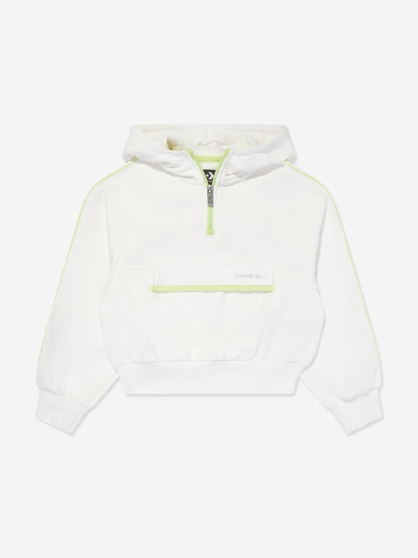 Converse combine 70s nostalgia with new innovative properties. This girls hoodie is reflective of the American label's preference for authentic streetwear. Crafted in a beautiful cotton blend via balloon effect long sleeves and a stitched neon front hidden Velcro pocket with Converse silver metallic detail adorned on the front. ‚Ä¢ Quarter Zip Fastening ‚Ä¢ Ribbed Trims ‚Ä¢ Neon Green Trims ‚Ä¢ 60% Cotton ‚Ä¢ 40% Polyester